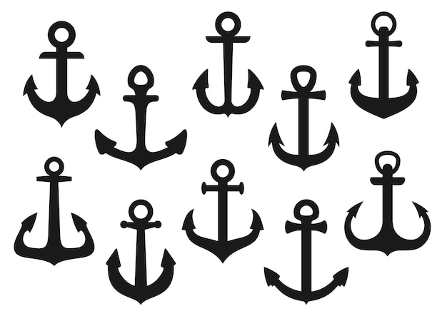 Nautical anchors black icons with heavy curved flukes isolated on white background,  for tattoo or heraldry themes design