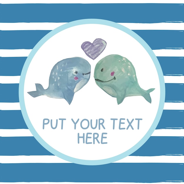 Nautical border with space for your text. Sailors theme with watercolor whale on striped pattern.