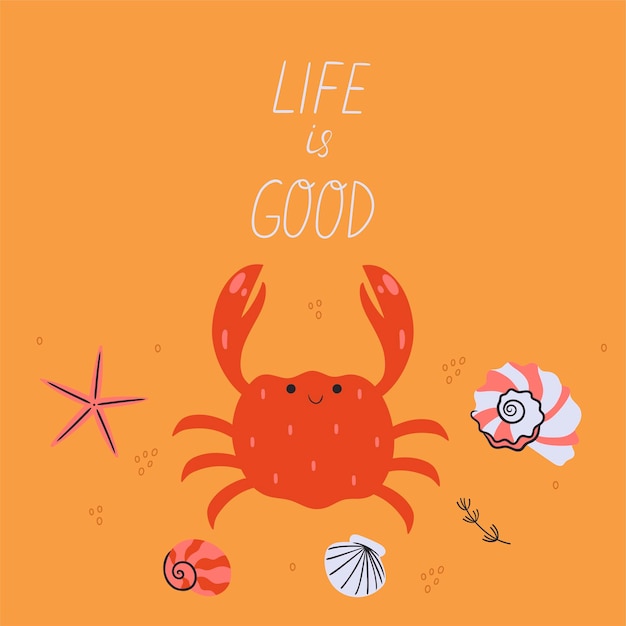 Nautical card with cute crab and shells Vector graphics