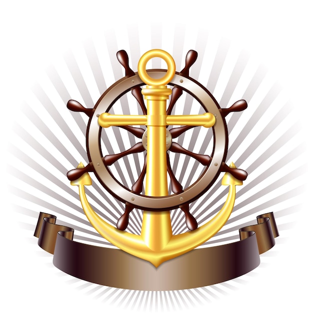 Nautical emblem with golden anchor Steering wheel for ship and ribbon Marine summer travel banner