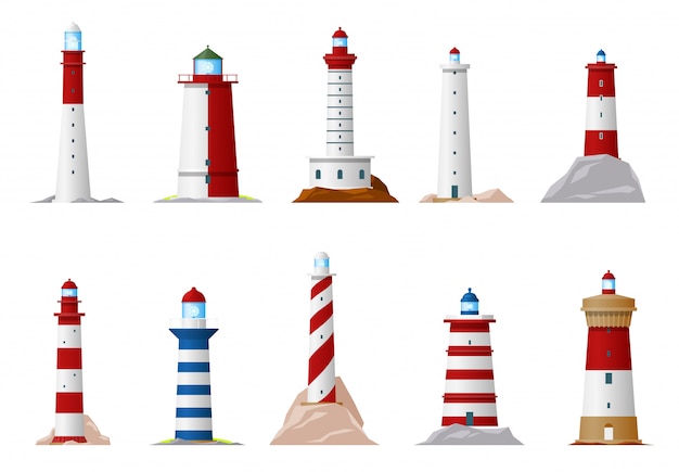 Nautical lighthouse and navigation beacon icons