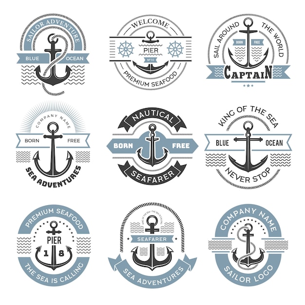 Nautical logo Marine labels with anchors symbols for ocean exploration business identity set recent vector templates for world wide travellers