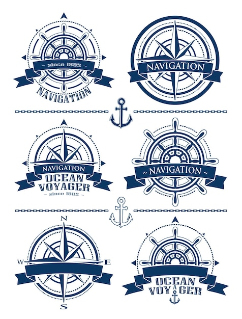 Nautical logos set. Corporate logos with windrose and steering wheel. Emblems with compass roses and banners isolated on white backgriund. Navigation symbol. Vector illustration.