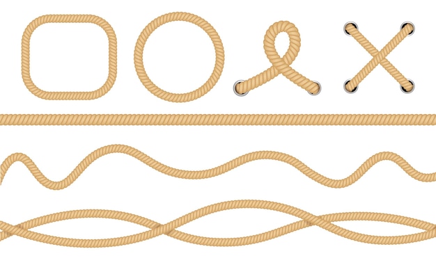 Nautical loops. Vector knots for rope. Realistic knot round and square borders. Marine ropes.