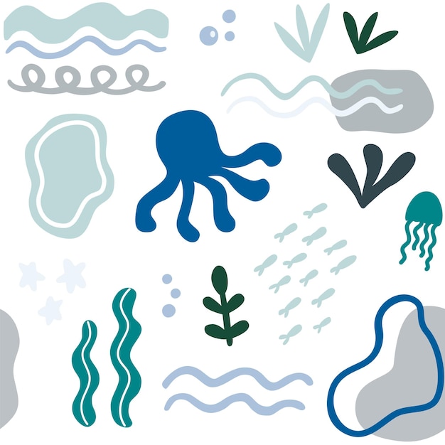 Nautical marine abstract shapes seamless pattern Figures of octopus jellyfish and algae Sea life