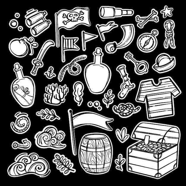 NAUTICAL OBJECT Pirate Theme Monochrome Hand Drawn Cartoon Clipart Sticker And Label Sea Vector Illustration Set For Print And Cutting Machines On Black Backdrop