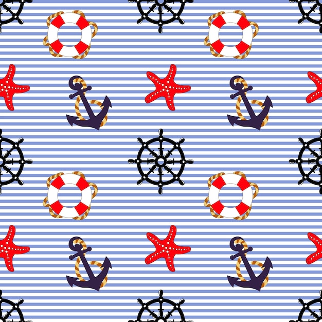 Nautical pattern starfish anchors and lifebuoys on a striped background Summer seamless pattern