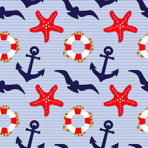 Nautical pattern starfish anchors seagulls and lifebuoys on a striped background Summer seamles