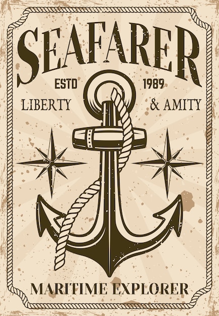 Nautical poster in vintage style with anchor and grunge textures illustration