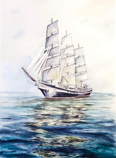 Nautical sea yacht watercolor illustration sports summer landscape ocean