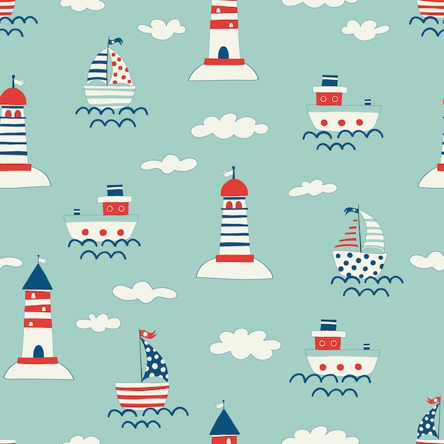 Nautical seamless pattern with lighthouse steamship and yachts Background with towers for marine navigation illustration for wrapping paper fabric print wallpaper Sea Ocean