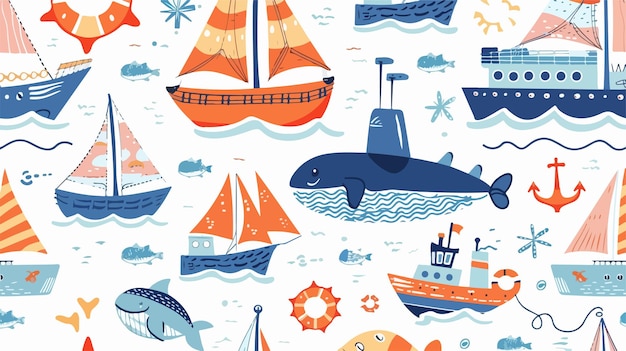 Nautical Seamless Pattern with Ships Submarines and Sailboat