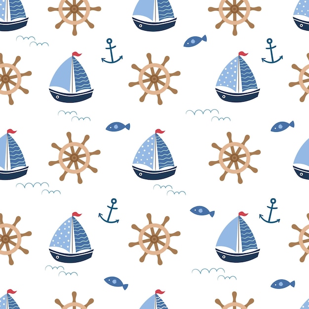 Nautical summer seamless pattern, seasonal wallpaper with yachts