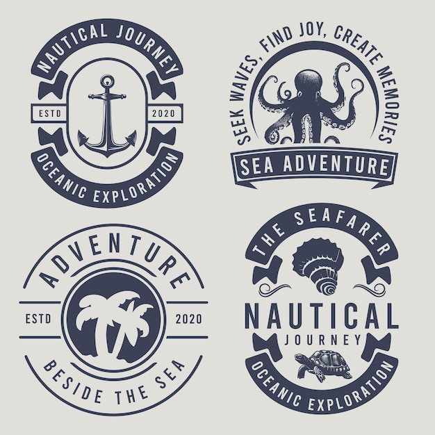 Nautical thematic big set of vector emblems labels badges or logos in retro monochrome style