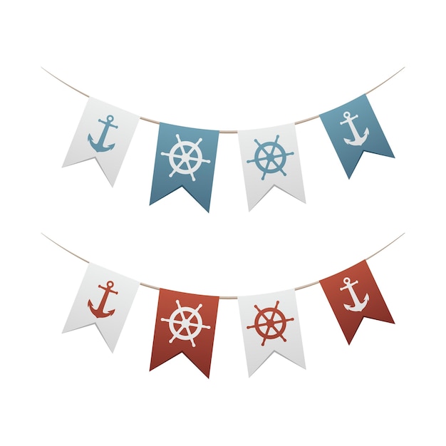 Nautical themed party flags Blue and red with ship's steering wheel and anchor Decoration