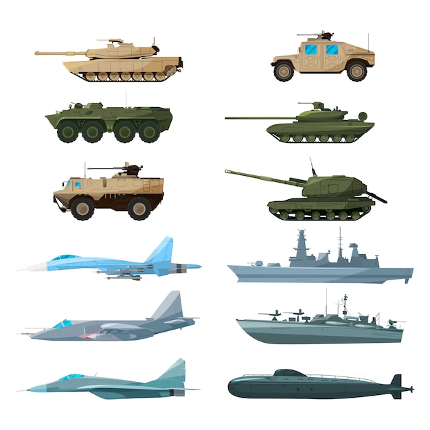 Naval vehicles, airplanes and different warships. Illustrations of artillery, battle tanks and subma