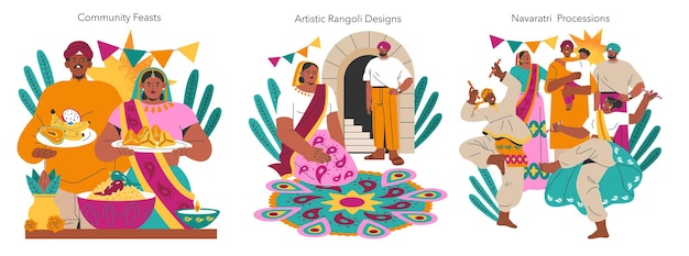 Vector navaratri set hindu festival celebration with community feasts rangoli art and colorful processions