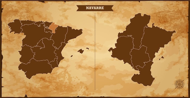 Vector navarre state map spain map with federal states in a vintage map based background