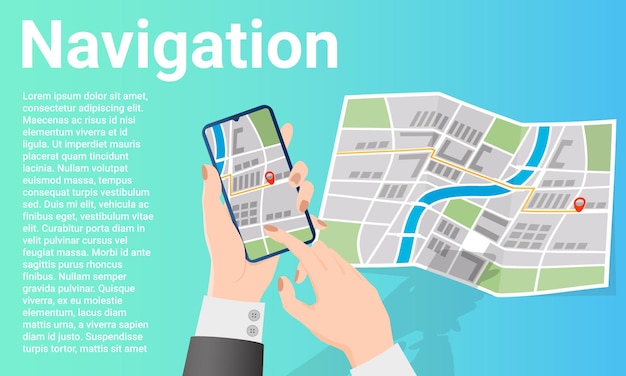 Navigation A person uses apps to search for a route on a map The concept of modern technologies