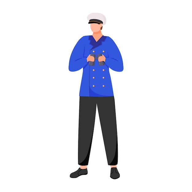 Navigator flat illustration. Seafarer on research or passenger fleet. Captain in work uniform. Sailor with binoculars isolated cartoon character on white background