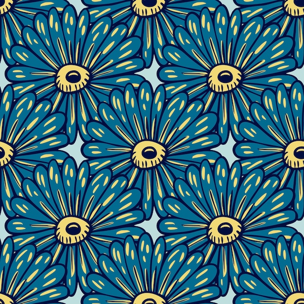 Navy blue big sunflowers silhouettes seamless pattern. Creative abstract botanic print. Light blue background. Vector illustration for seasonal textile prints, fabric, banners, wallpapers.