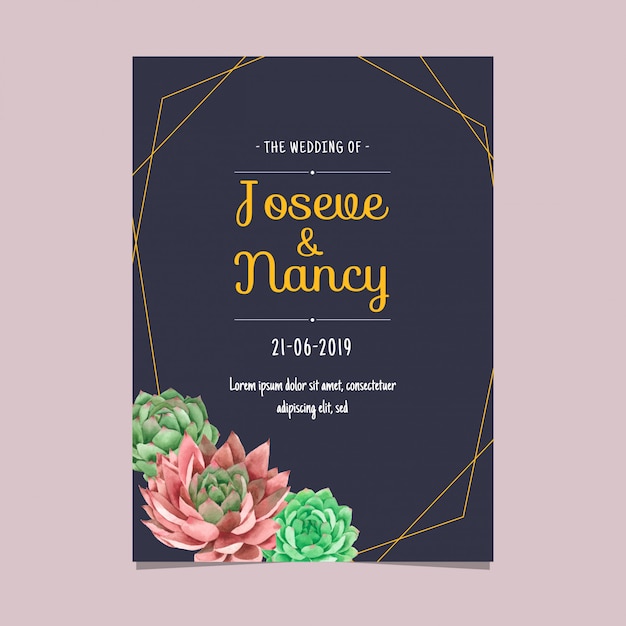 Navy Blue and Gold Frame Succulents Cactus Wedding Card template