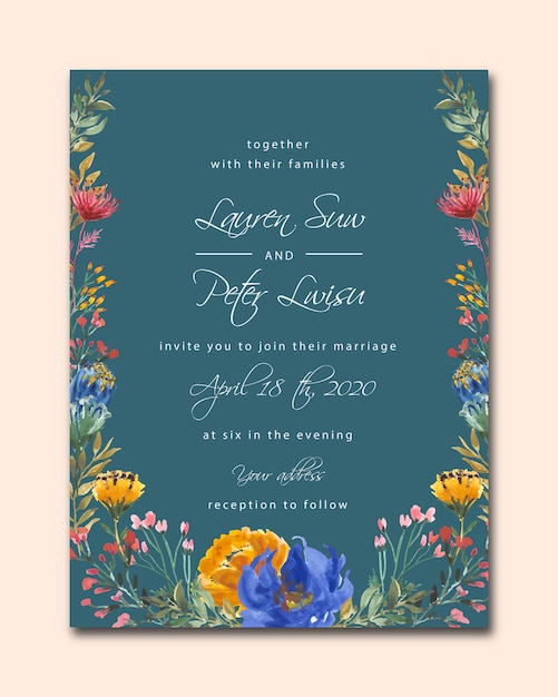 Navy blue wedding invitation card template with floral watercolor