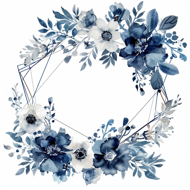 Vector navy blue and white floral wreath design