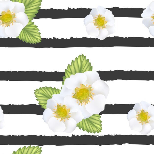 Navy striped print with bouquets of strawberry flowers and leaves Seamless vector pattern