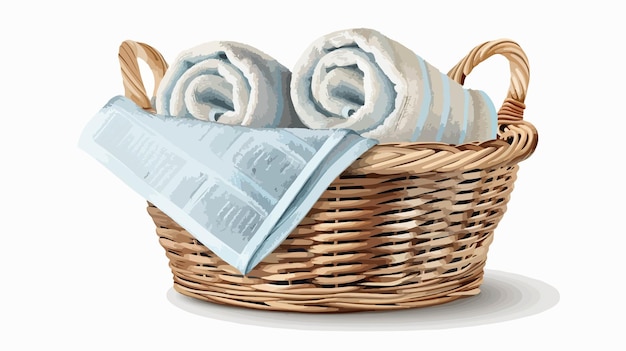 Vector neatly folded clean towels in wicker basket on white background