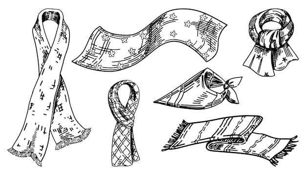 Vector neck accessory doodle set sketch of scarves for different seasons shawls outline illustration