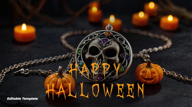 a necklace with a pumpkin and a skull on it