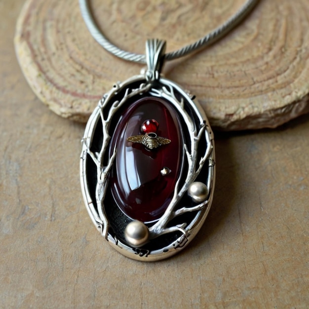 a necklace with a red stone on it is on a table