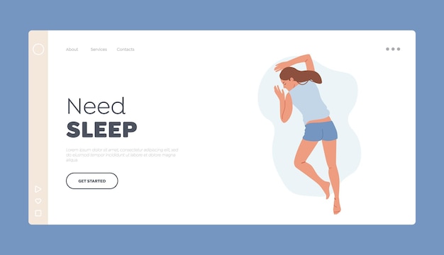 Need Sleep Landing Page Template Young Woman Wear Pajama Sleep or Nap on Bally Female Character Sleeping Pose Top View