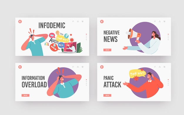 Negative News, Panic, Disaster, Infodemic Landing Page Template Set. Stressed Character Hold Head Looking on Laptop Screen with Presenter Broadcasting Bad Newsfeed. Cartoon People Vector Illustration