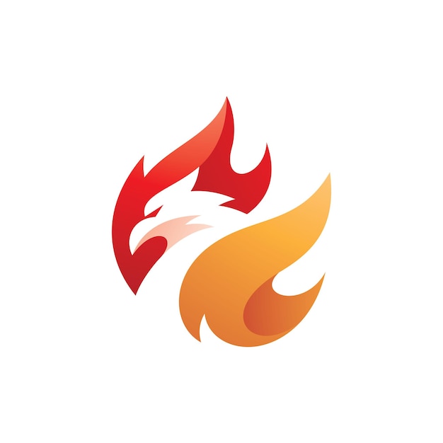 Negative space bird head fire flame logo design Modern gradient phoenix firebird vector icon