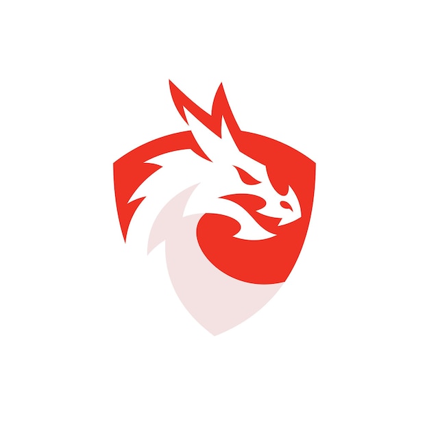 Negative space dragon head and shield badge logo vector icon