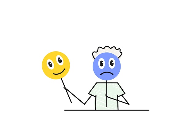 Negative thinking negative thoughts bad mood a man is holding a sad face mask simple sketch doodle vector illustration