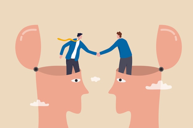 Negotiation skill for leadership partner agreement or collaboration meeting psychology to deal with people or collaboration for success concept businessman shaking hand from their heads for agreement