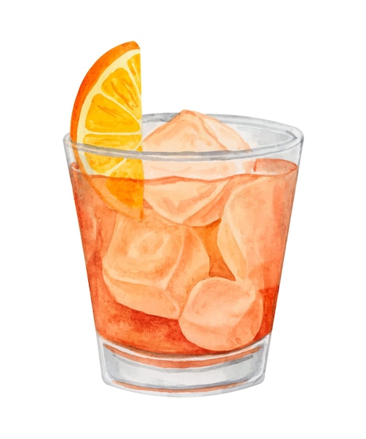 Negroni cocktail watercolor hand drawn illustration Drink clipart on white background