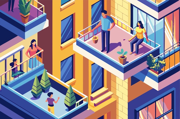 Neighbors connect across balconies sharing moments and supporting each other during lockdown restrictions Neighbours on balconies or windows during coronavirus Customizable Flat Illustration