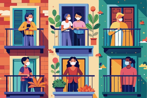 Neighbors connect from their balconies wearing masks reflecting community spirit during the pandemic Neighbours on balconies or windows during coronavirus Customizable Flat Illustration