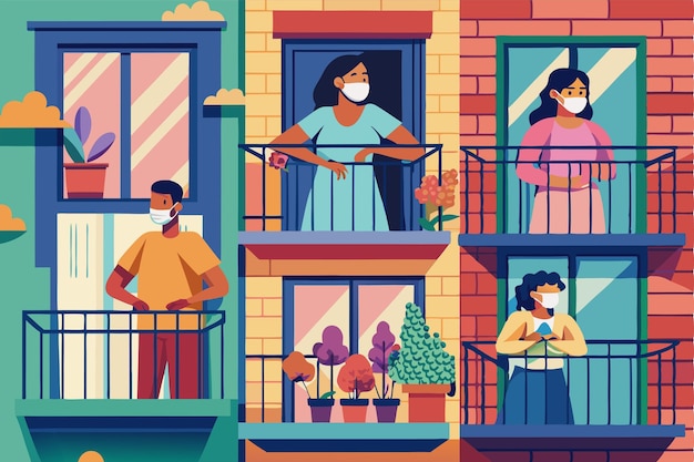 Neighbors stand on their balconies wearing masks engaged with each other while social distancing Neighbours on balconies or windows during coronavirus Customizable Flat Illustration