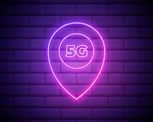 Neon 5G network Icon Mobile Technology Neon Sign Wireless 5G internet connection with High speed data transfer rate for phones Isolated glowing Symbol Vector illustration isolated on brick wall