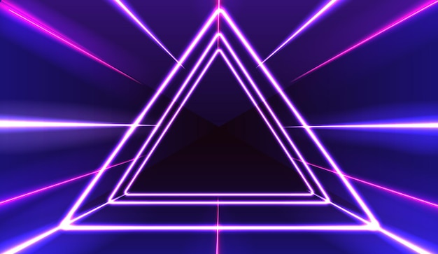 Neon abstract triangle glowing frame vintage electric symbol burning a pointer to a black wall in a