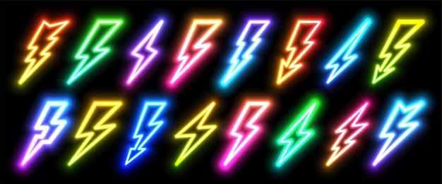 Neon blazing lightning strike in darkness Night club rainbow bright banner sign of thunder light sparks storm flash thunderstorm Power energy fast speed charge icons Thunderbolt shape lamp concept