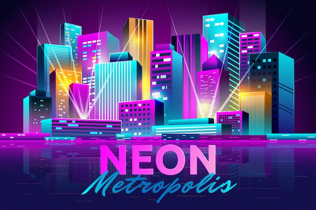 Vector neon building night cityscape urban skyline digital glow and projector lights cyberpunk landscape purple panorama metropolis skyscrapers futuristic city vector garish background