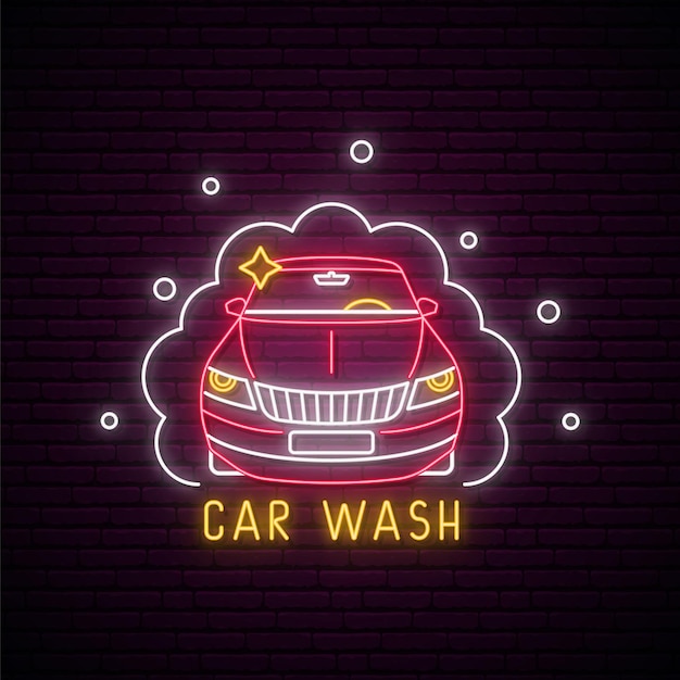 Neon car wash signboard Glowing car in soap bubles