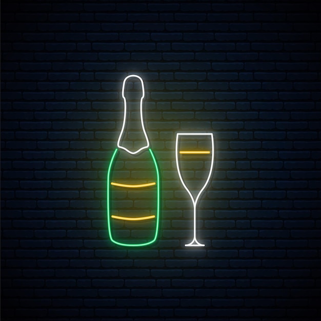 Neon champagne sign Glowing champagne bottle and glass