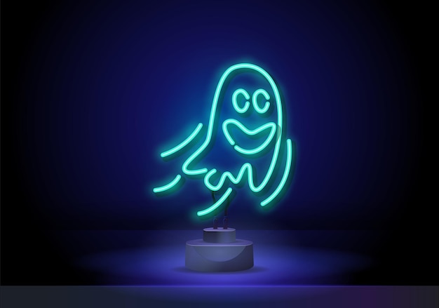 Neon cheerful ghost ghost neon glow sign on dark wall background vector illustration for halloween o...